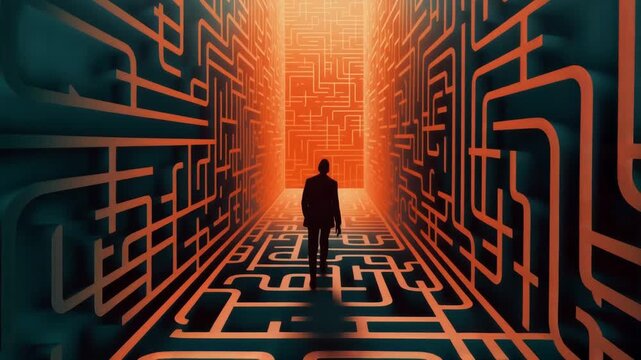 A Human walking through a glowing digital maze symbolizing human&ndash;AI interaction data-driven decision making and navigating complex artificial intelligence systems