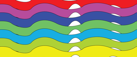 Seamless vector pattern featuring colorful wavy lines and rainbow curves in a light blue and green art style for a modern water texture wallpaper design backdrop