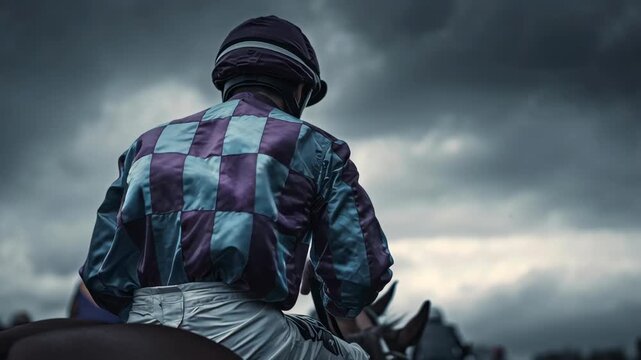 Close-up of a jockey in colorful racing silks riding a horse during a race under a dark, stormy sky at the Grand National event