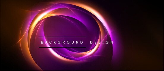 Abstract design features glowing concentric circles. Vibrant purple, orange hues dominate dark background. Text reads background design.