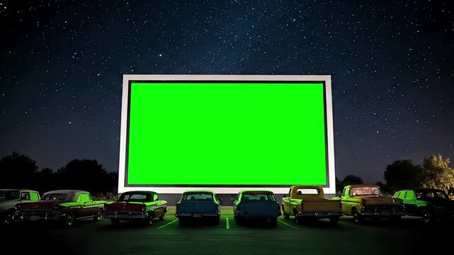 Outdoor Drive-In Cinema Screen at Night Green Screen Chroma Key