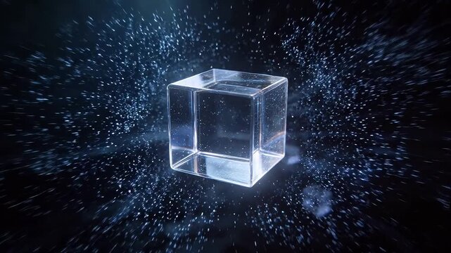 Floating transparent cubes with light particles on black background