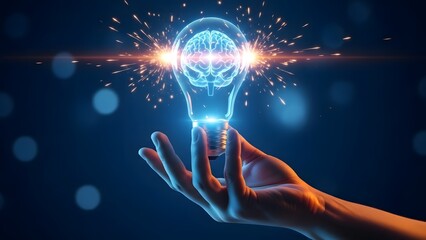 Hand holding glowing lightbulb with brain inside, symbolizing innovation and creativity in dark blue background