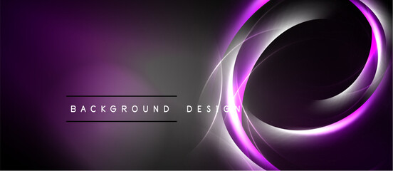 Abstract purple design features swirling lines, glowing circles. Dark background creates dramatic visual effect. Text reads background design.