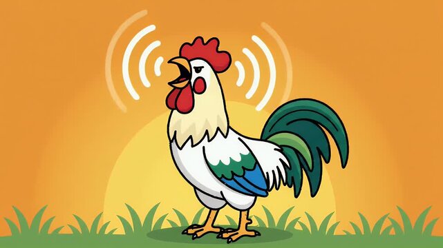 Colorful Rooster Crowing and Stretching Neck Flat Design Animation