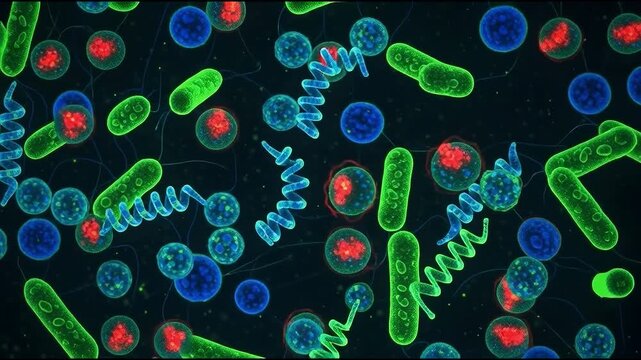 Microscopic view of various bacteria and microorganisms with vibrant colors.