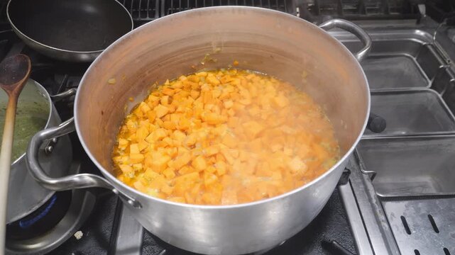 Close up of an yam concasse pieces using Dioscorea rotundata known as yam, igname, &ntilde;ame, inhame and Ipomoea batatas called sweet potato, batata, slow motion cooking in a pot for veloute or soup