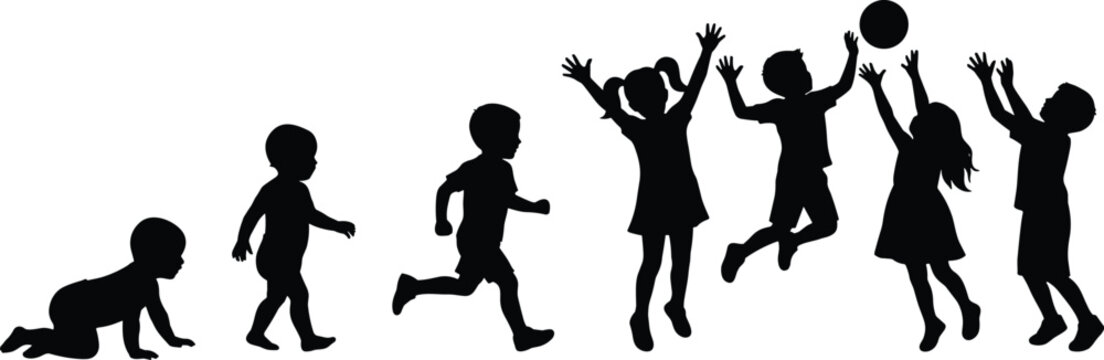 Children growth stages silhouette illustration showing childhood development from baby crawling to active kids jumping and playing together