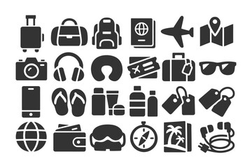 Travel icons: luggage, passport, airplane, camera, essentials.