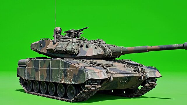Front View Heavy Battle Tank with Rotating Turret on Green Screen