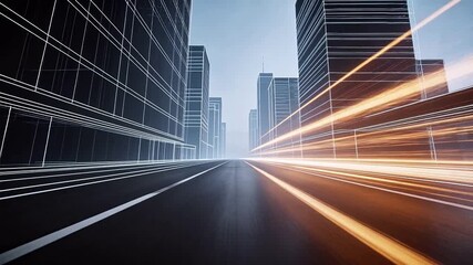 Future city street with wireframe buildings and orange light trails - Powered by Adobe