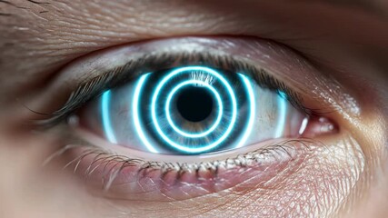 Extreme close-up of a human eye with blue iris, showing a futuristic digital scanning interface overlay effect - Powered by Adobe