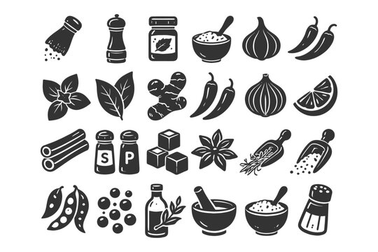 Assorted spice and herb icons in black and white silhouette style.