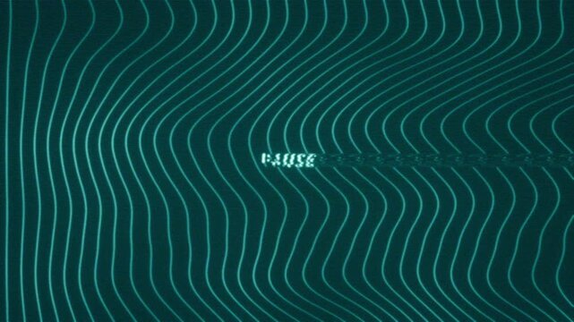 Animated Pause text with glitch and distortion effects over dynamic wavy blue lines in a digital abstract style.