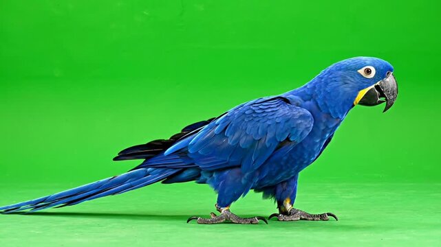 A stunning blue hyacinth macaw parrot walks across a vibrant green background.