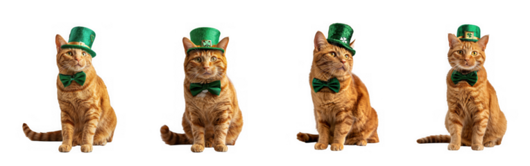 Four orange tabby cats wearing green leprechaun hats and bowties repeating pattern on transparent background