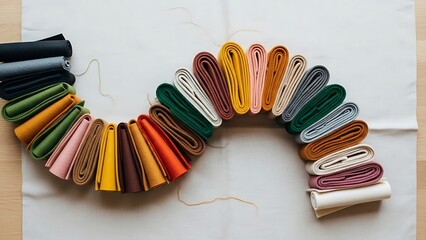 Rolls of colorful felt fabrics on a white canvas backdrop craft project