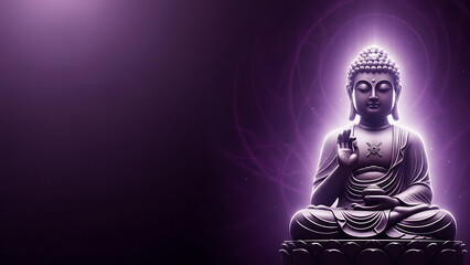 Serene buddha statue in meditation pose with purple aura