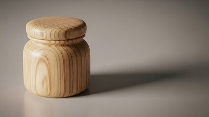 Artisanal wooden jar with lid showcasing a natural grain texture against a neutral grey background with shadows.
