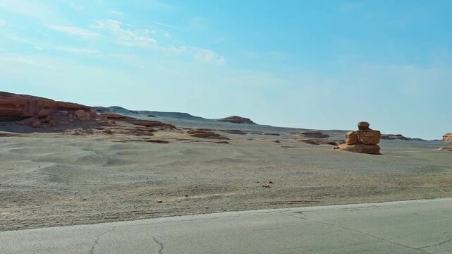 Yardangs, Unique Wind-Eroded Rock Formations In Dunhuang Yardang National Geopark In Gansu Province, China. Panning Shot