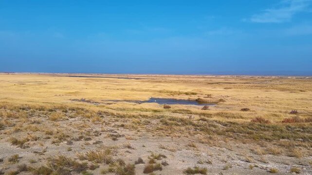 Arid Nature Landscape Near Yumen Pass, Historical Site On The Ancient Silk Road In China. Panning Shot