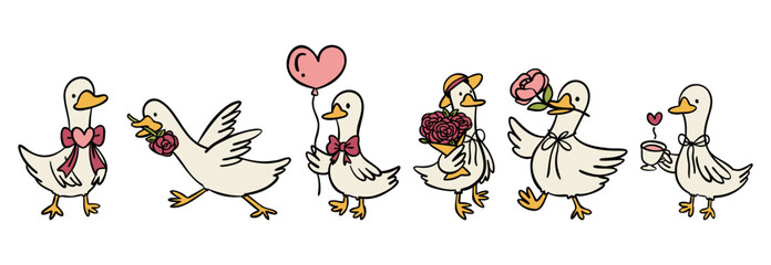 Obraz premium Cute valentine goose cartoon character set with love hearts and romantic flowers vector illustration