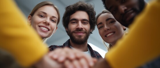 Diverse group of young adults smiling and joining hands in a supportive teamwork gesture