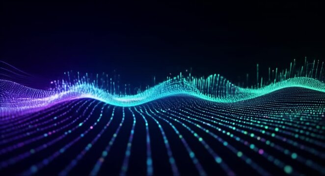 Abstract digital wave of glowing particles creating a futuristic soundscape