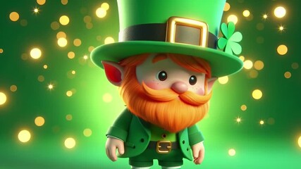 Cute leprechaun character with orange beard and green outfit in various poses. St Patricks day greeting with festive glitter bokeh.