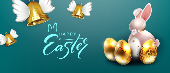 Happy Easter. Festive card with a porcelain bunny, golden eggs, and bells.