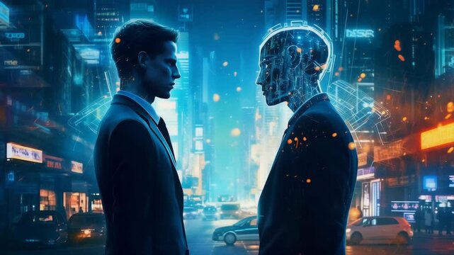 Futuristic scene of a businessman facing a glowing humanoid AI figure in a modern city at night representing human and artificial intelligence digital transformation and the future of technology