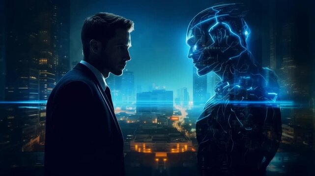 Futuristic scene of a businessman facing a glowing humanoid AI figure in a modern city at night representing human and artificial intelligence digital transformation and the future of technology
