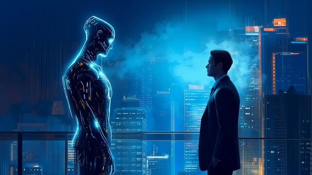 Futuristic scene of a businessman facing a glowing humanoid AI figure in a modern city at night representing human and artificial intelligence digital transformation and the future of technology