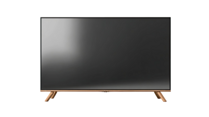 Modern smart television with large flat screen wooden legs home entertainment device front view isolated on white background
