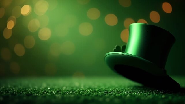 Green leprechaun hat with gold buckle and shamrock on textured surface, bokeh golden lights in the background with copy space