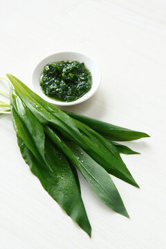 Fresh wild garlic leaves and pesto in a bowl on white tabletop