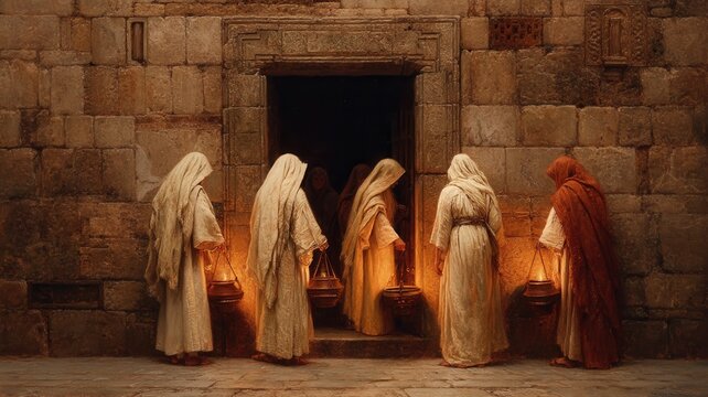 Wise virgins awaiting, lamp oil ready, representing hope, readiness preparedness, and spiritual