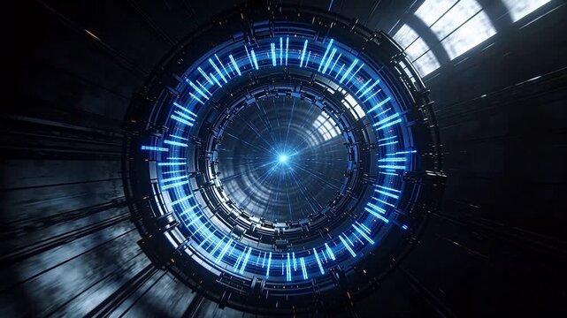 Circular sci-fi device with glowing blue rings and bright energy core