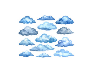 A set of weather icon illustrations featuring blue clouds on a white background