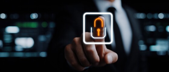 Business executive unlocking digital security corporate office digital interaction modern workspace close-up cybersecurity awareness
