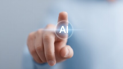 Human finger touching virtual ai interface, demonstrating artificial intelligence concept and interaction future technology