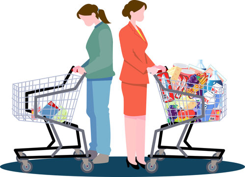 Illustration comparing the difference in shopping volume between two women due to economic inequality and inflation.