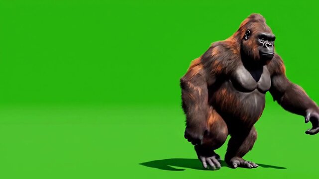 A Realistic 3D Gorilla Walks Across a Green Screen Background.