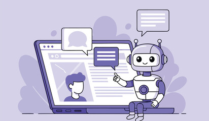 Robot interacts with a computer screen displaying a user profile and chat interface on a purple background with speech bubbles