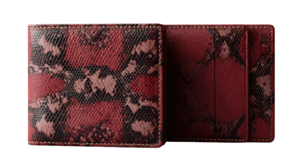 Red snakeskin leather wallet open view textured pattern luxury fashion accessory front and inside detail isolated on white background