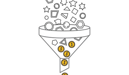 Business strategy funnel with gold coins and shapes floating up symbolizing successful marketing and financial growth