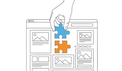 Hand placing puzzle pieces in website design interface on white background