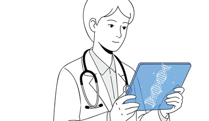 Doctor in lab coat examines dna sequence on tablet with stethoscope around neck