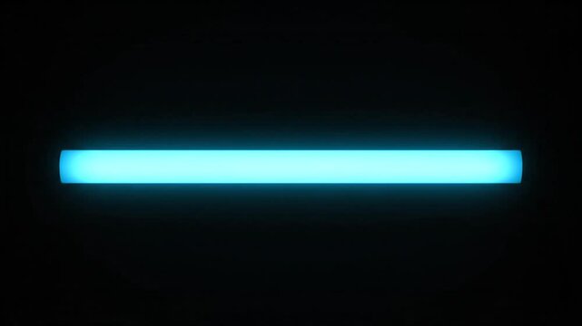A glowing blue neon light bar on a dark background, viewed straight on, in a photo.
