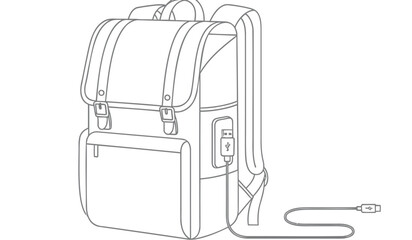 Backpack with laptop sleeve and charging cable on white background simple line drawing